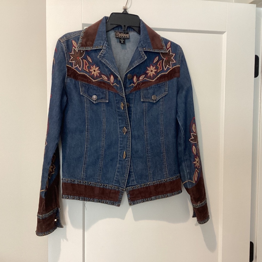 Embroidered Denim and Brown Jacket by Cattlelac Ranch